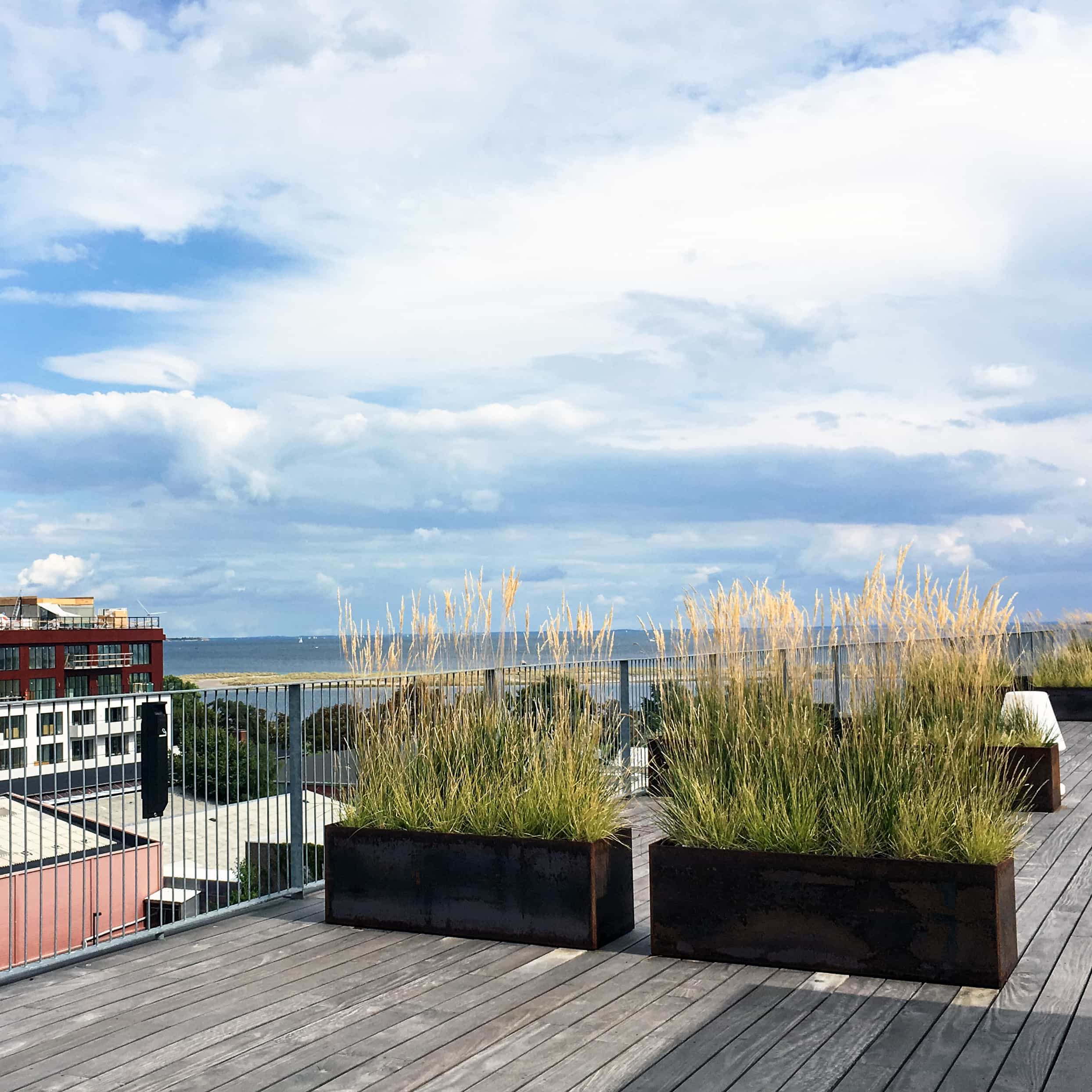 Illustration d’une terrasse en toit donnant des vues sur la ville et la mer au loin